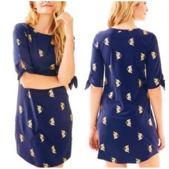 Lilly Pulitzer - Preston Short Tie-Sleeve Dress - Navy Gold Fish Print - Size S - Picture 2 of 7